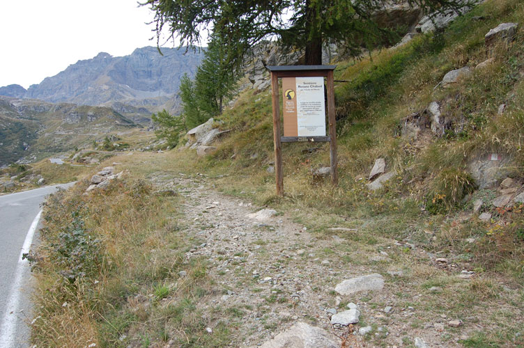 L'inizio della vecchia strada militare,ora Sentiero Chabaud,al cui fianco,poche decine di metri oltre il cartello si trova il masso in questione