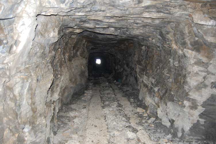 Verso l'ingresso.Visibili a terra le basi di appoggio dei binari della decauville
