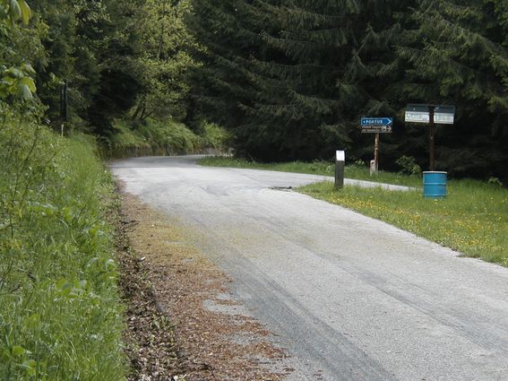 Bivio delle strade che salgono da Porzus (destra) e da Subit (dietro). Dritti si va verso le malghe.