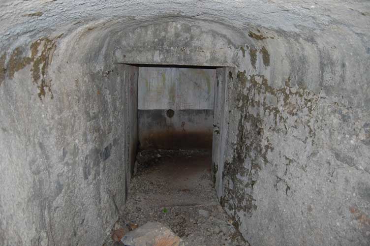 Possiamo entrare,di fronte a noi sul muro i resti della pianta dell'opera,l'apertura della postazione in cunicolo armato a difesa dell'ingresso e a sx una scritta indecifrabile