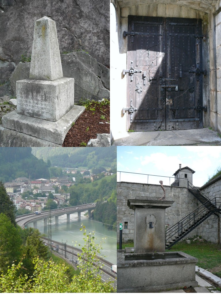 In ordine orario: il punto geodetico, il portone originale del forte alto, vista del paese di Fortezza, la fontana del forte medio
