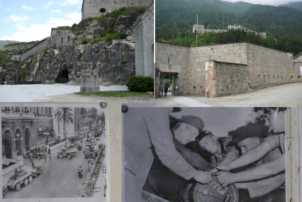 in ordine orario: la piazza d'armi del forte basso con l'ingresso del bunker dell'oro, l'ingresso principale al forte, le foto della restituzione e del ritrovamento dell'oro a Fortezza da parte degli american