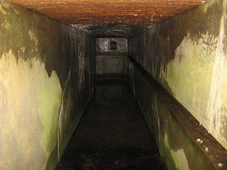 Il camerone allagato del Ricovero visto attraverso la fessura dell'ingresso